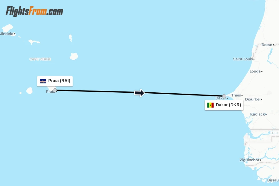 Flights from Praia to Dakar route map