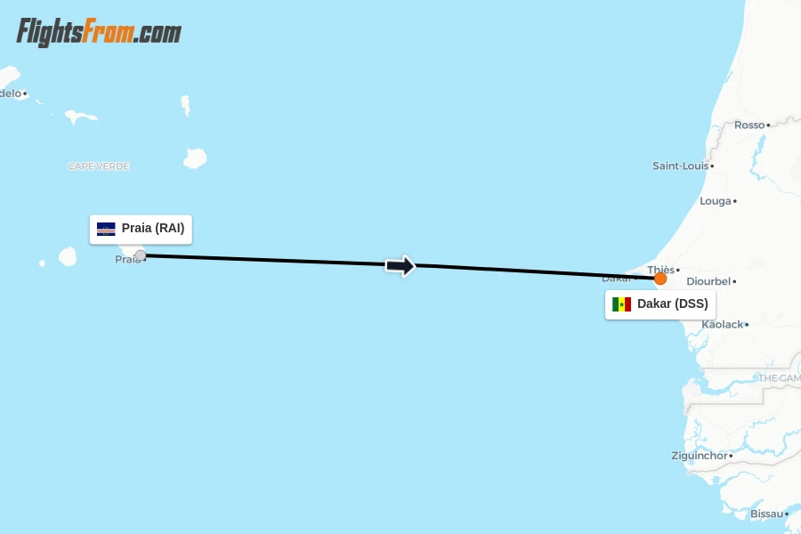 Flights from Praia to Dakar route map