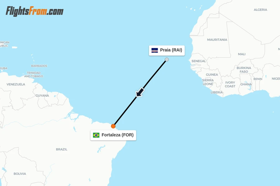 Flights from Praia to Fortaleza route map