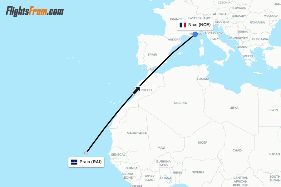 Flights from Praia to Nice route map