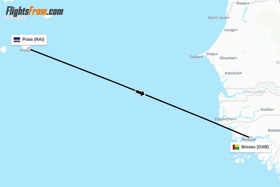 Flights from Praia to Bissau route map