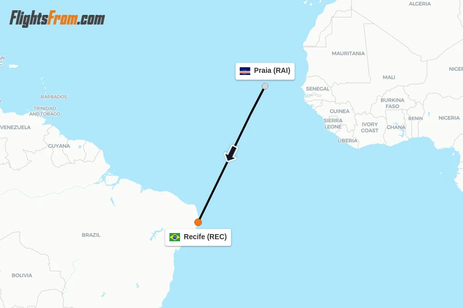 Flights from Praia to Recife route map