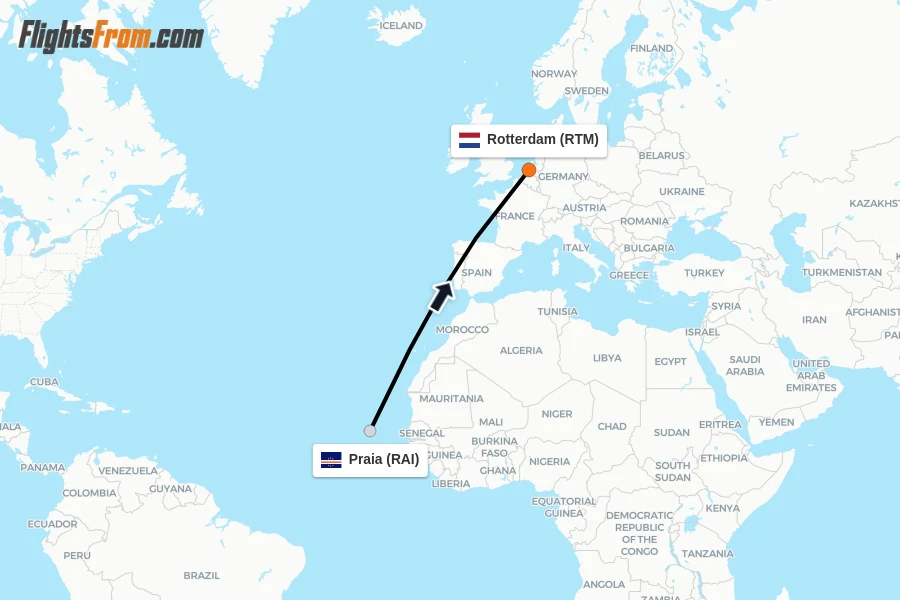 Flights from Praia to Rotterdam route map
