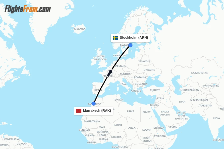 Flights from Marrakech to Stockholm route map