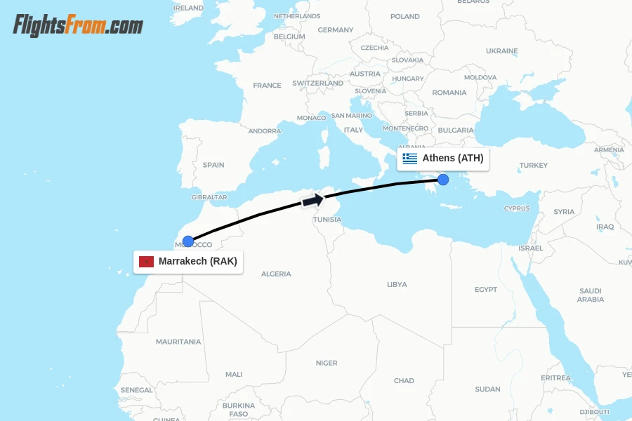 Flights from Marrakech to Athens route map