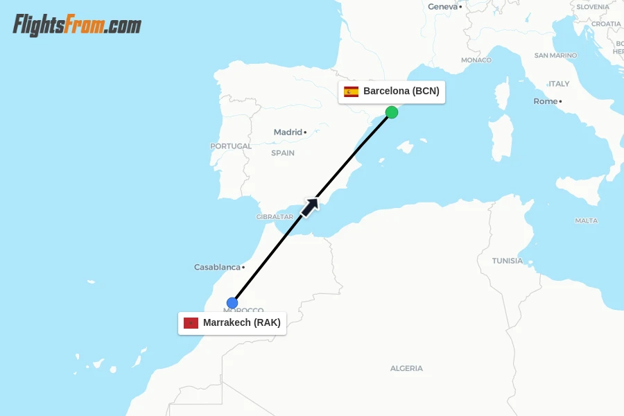 Flights from Marrakech to Barcelona route map