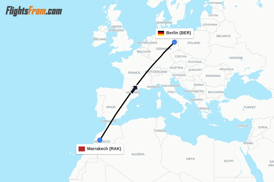 Flights from Marrakech to Berlin route map