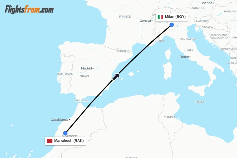 Flights from Marrakech to Milan route map