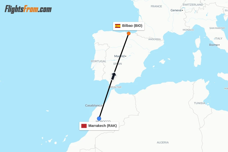 Flights from Marrakech to Bilbao route map