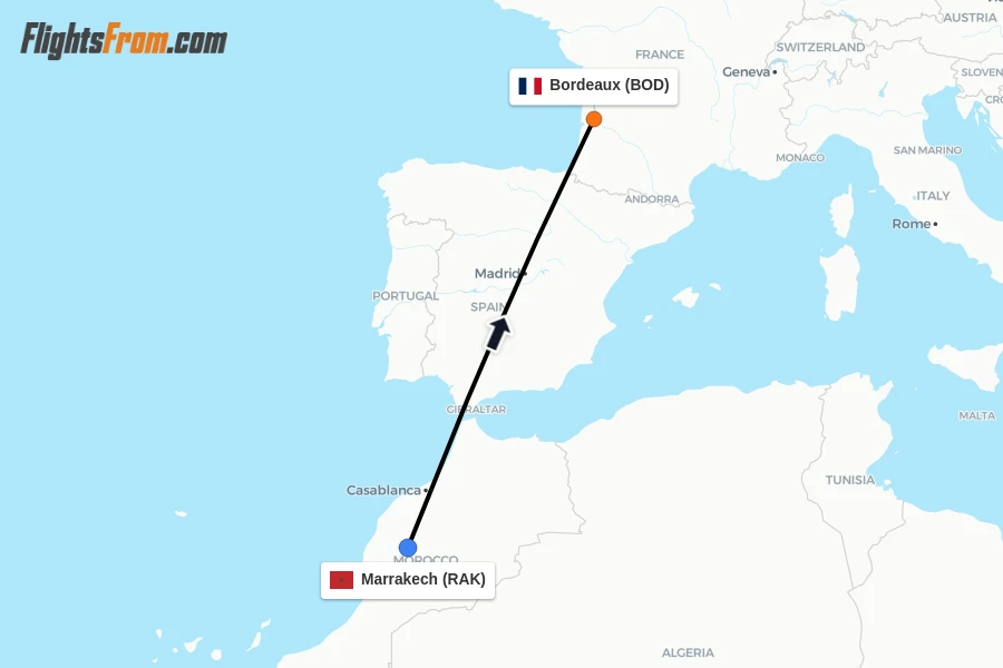 Flights from Marrakech to Bordeaux route map