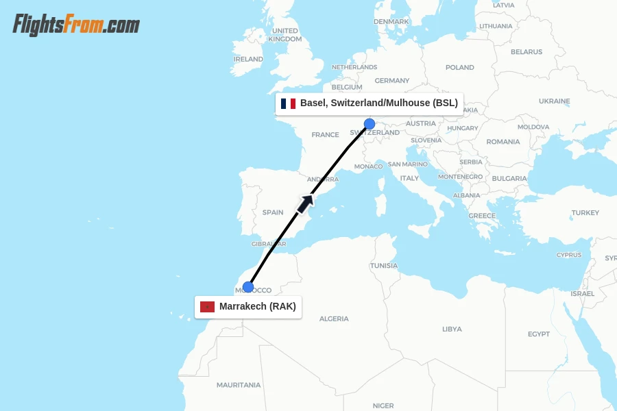 Flights from Marrakech to Basel, Switzerland/Mulhouse route map