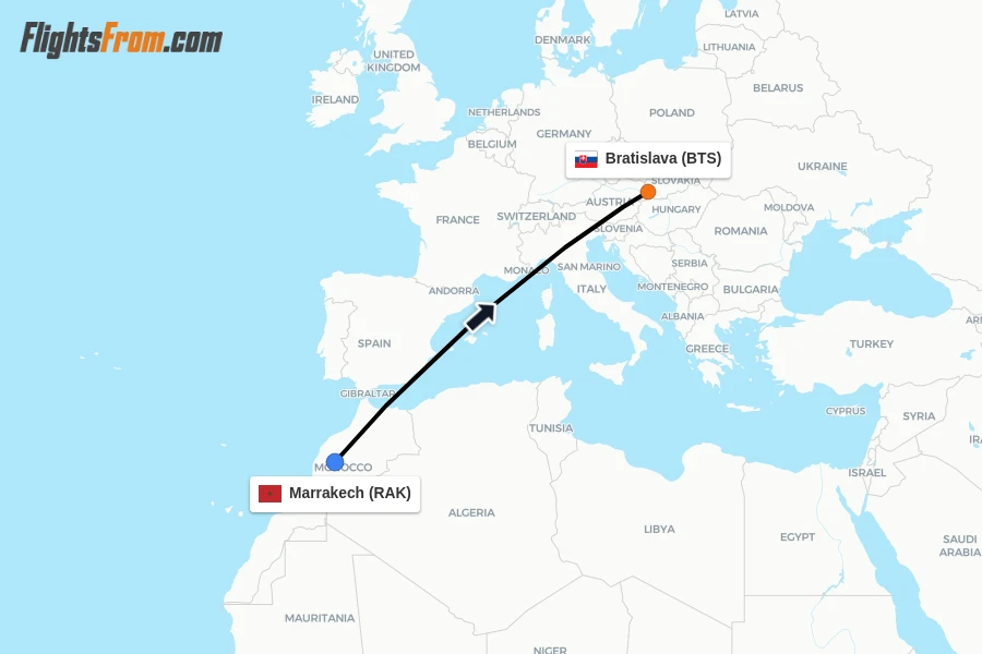 Flights from Marrakech to Bratislava route map
