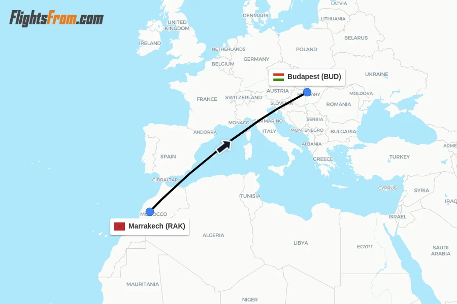 Flights from Marrakech to Budapest route map
