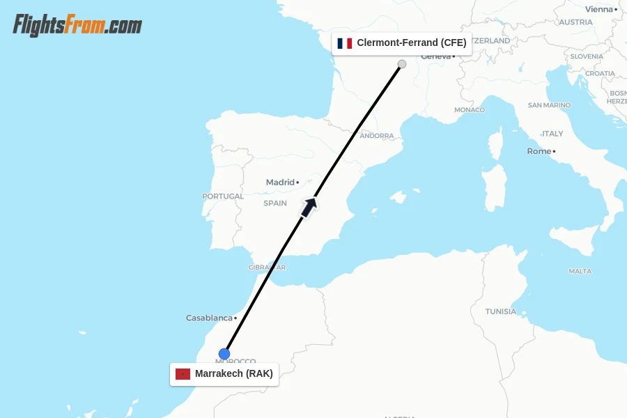 Flights from Marrakech to Clermont-Ferrand route map