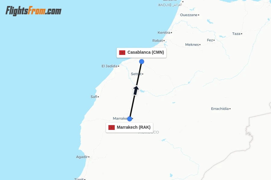 Flights from Marrakech to Casablanca route map