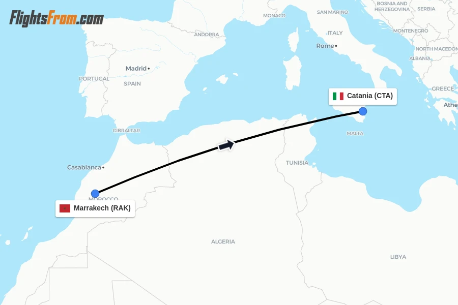 Flights from Marrakech to Catania route map