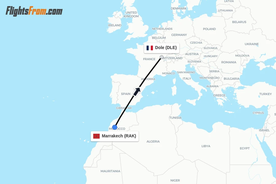 Flights from Marrakech to Dole route map