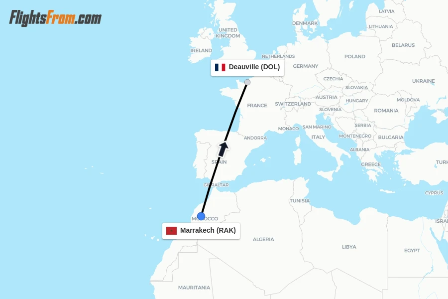 Flights from Marrakech to Deauville route map
