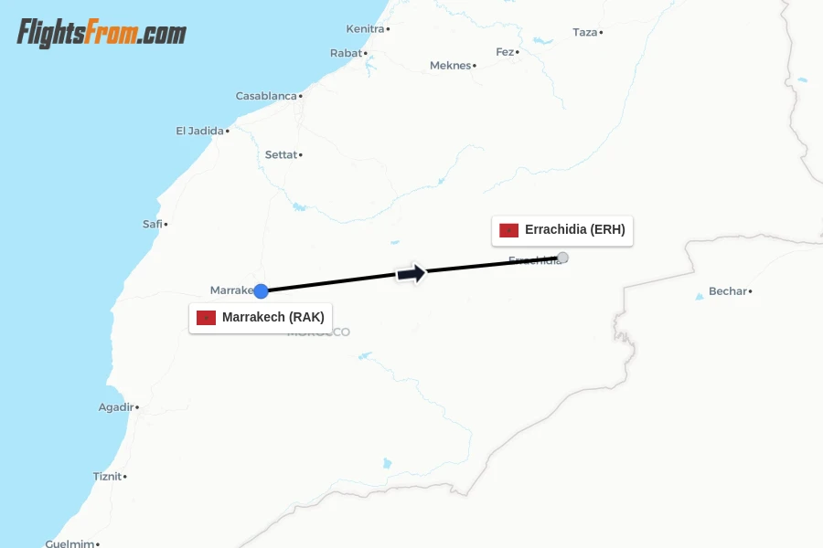 Flights from Marrakech to Errachidia route map
