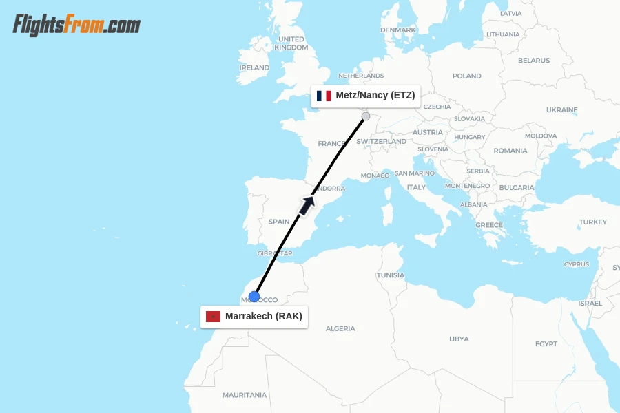 Flights from Marrakech to Metz/Nancy route map