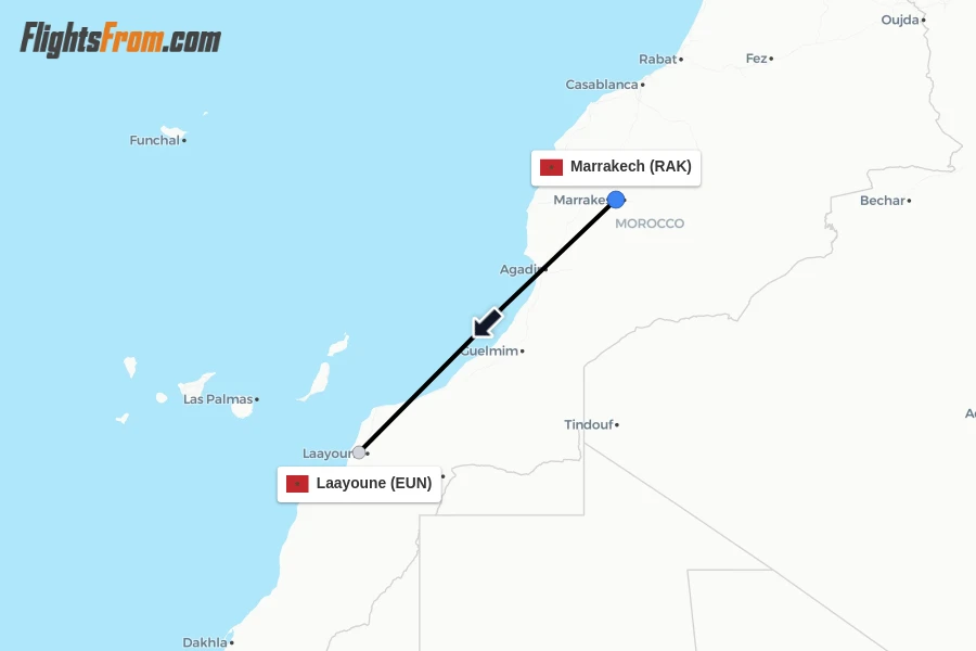 Flights from Marrakech to Laayoune route map