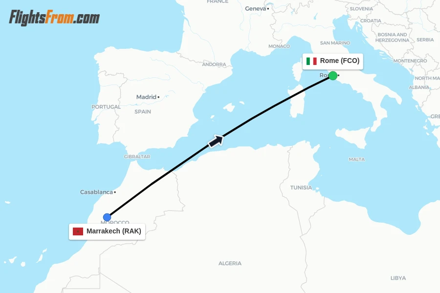Flights from Marrakech to Rome route map