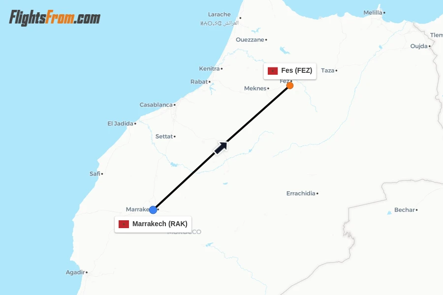 Flights from Marrakech to Fes route map