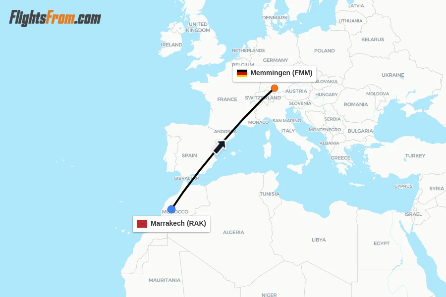Flights from Marrakech to Memmingen route map