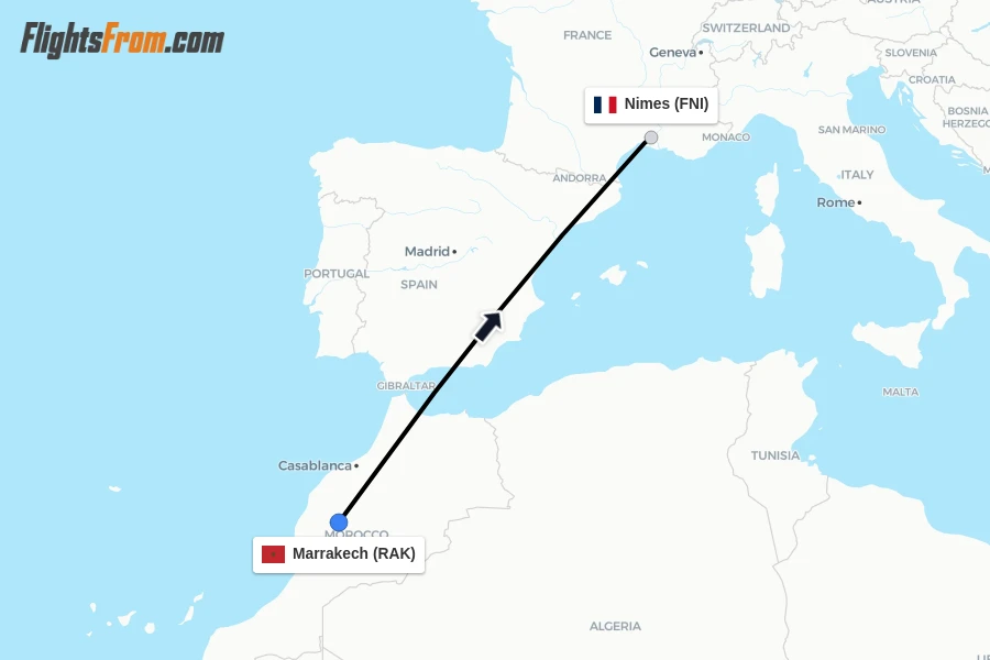 Flights from Marrakech to Nimes route map