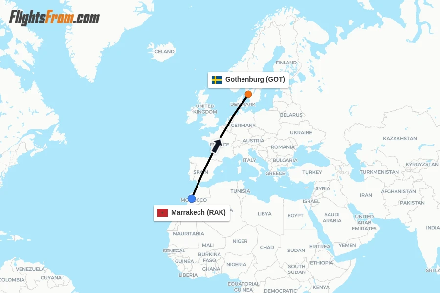 Flights from Marrakech to Gothenburg route map
