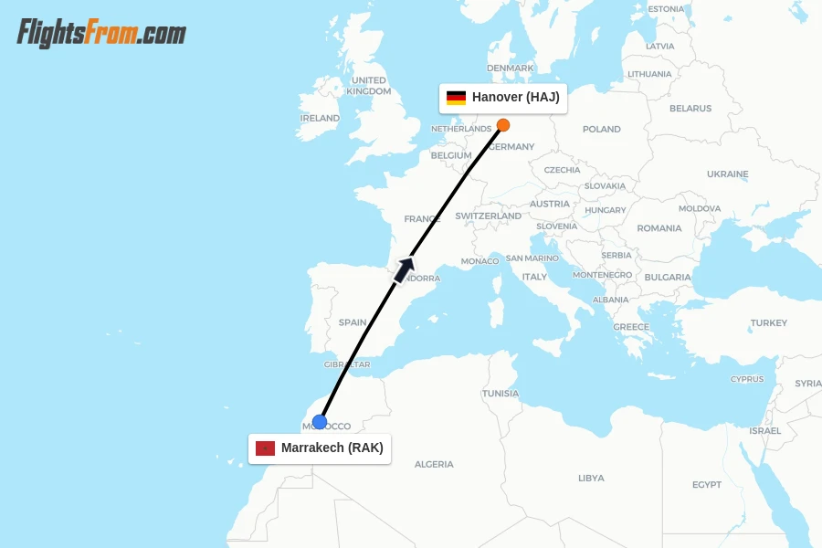 Flights from Marrakech to Hanover route map