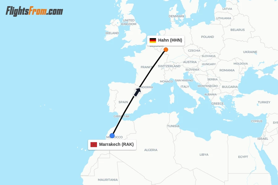 Flights from Marrakech to Hahn route map