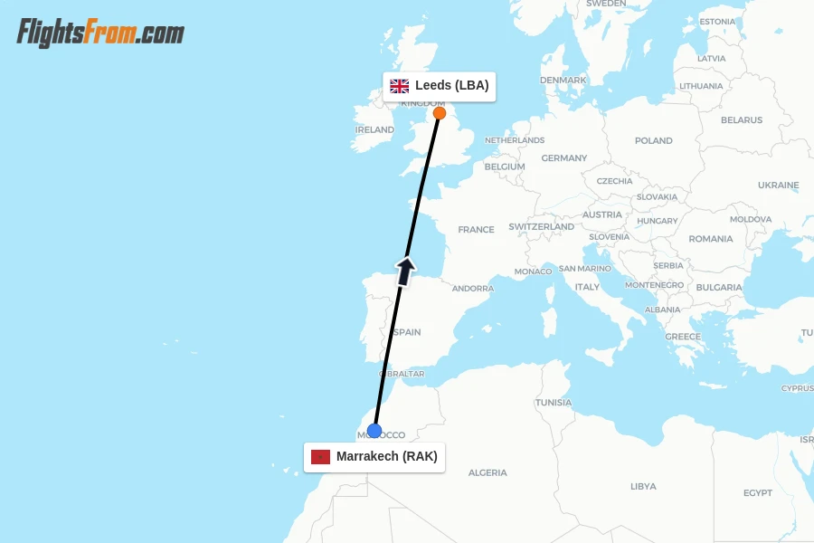 Flights from Marrakech to Leeds route map