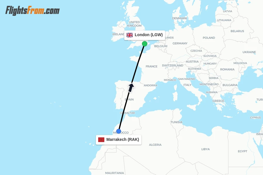 Flights from Marrakech to London route map