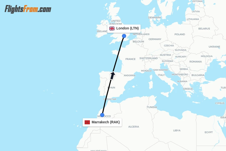 Flights from Marrakech to London route map