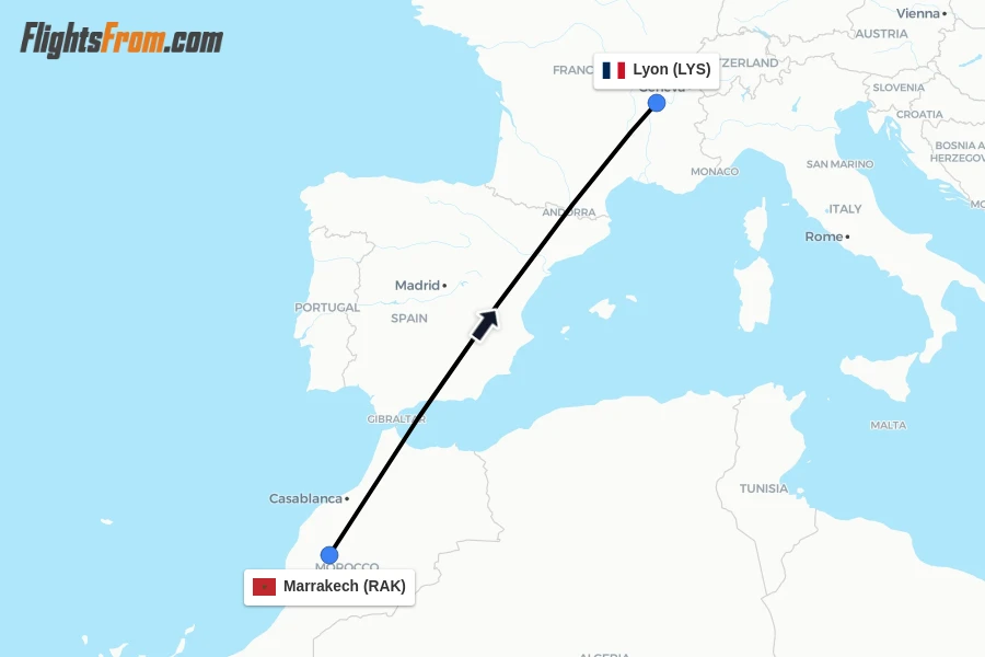 Flights from Marrakech to Lyon route map