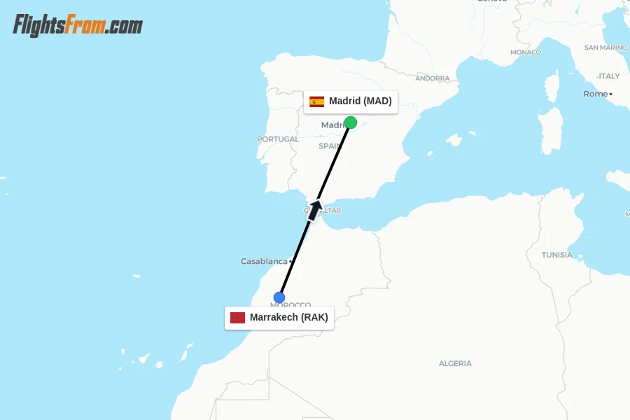 Flights from Marrakech to Madrid route map