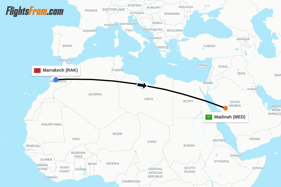 Flights from Marrakech to Madinah route map