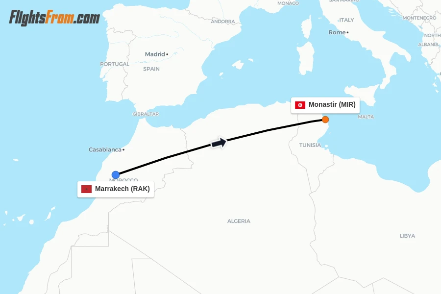 Flights from Marrakech to Monastir route map