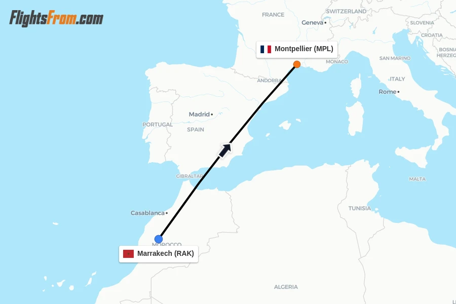 Flights from Marrakech to Montpellier route map