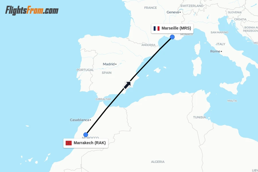 Flights from Marrakech to Marseille route map