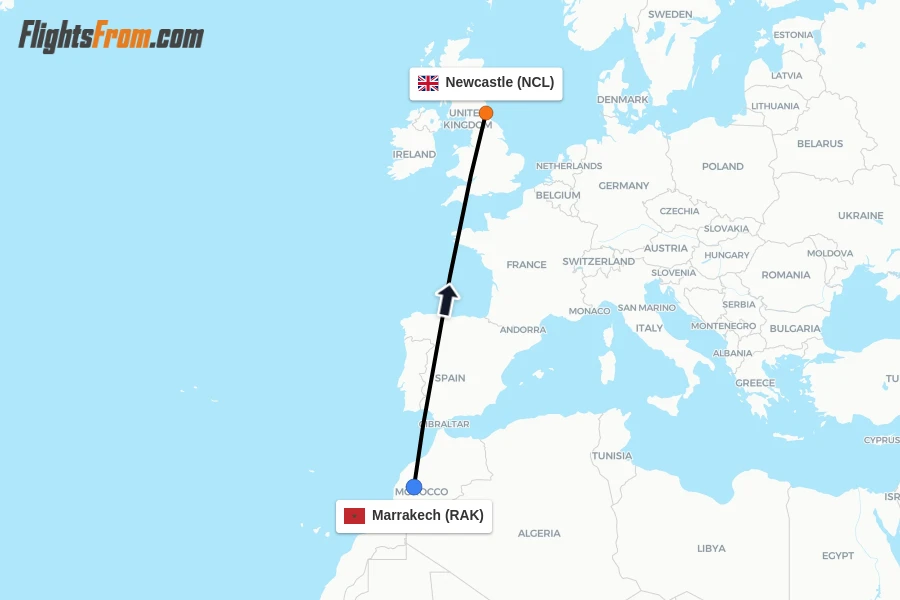 Flights from Marrakech to Newcastle route map