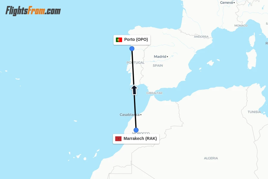 Flights from Marrakech to Porto route map