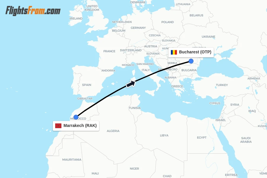 Flights from Marrakech to Bucharest route map