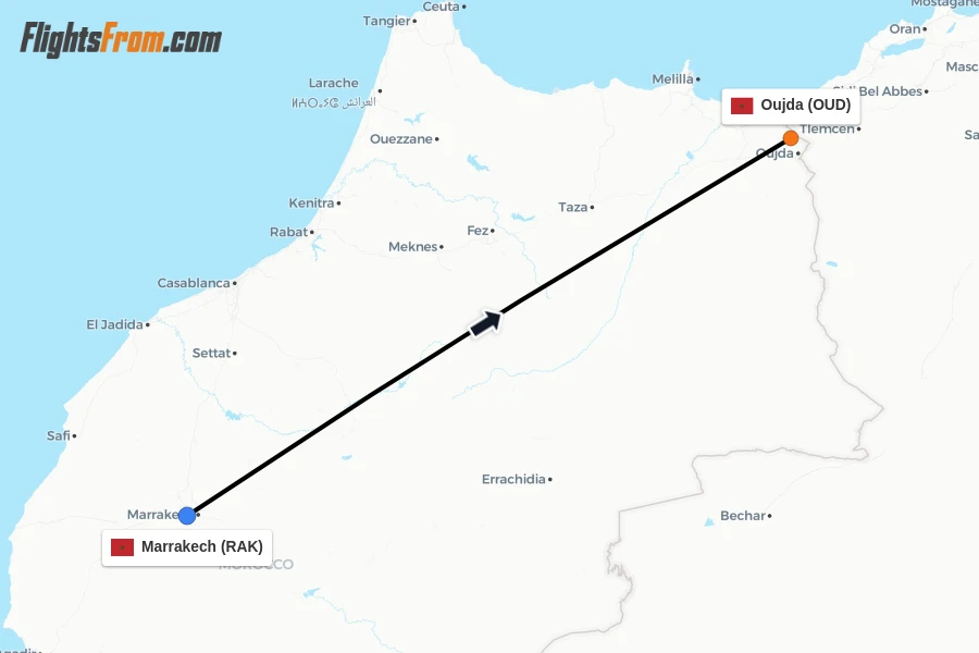Flights from Marrakech to Oujda route map