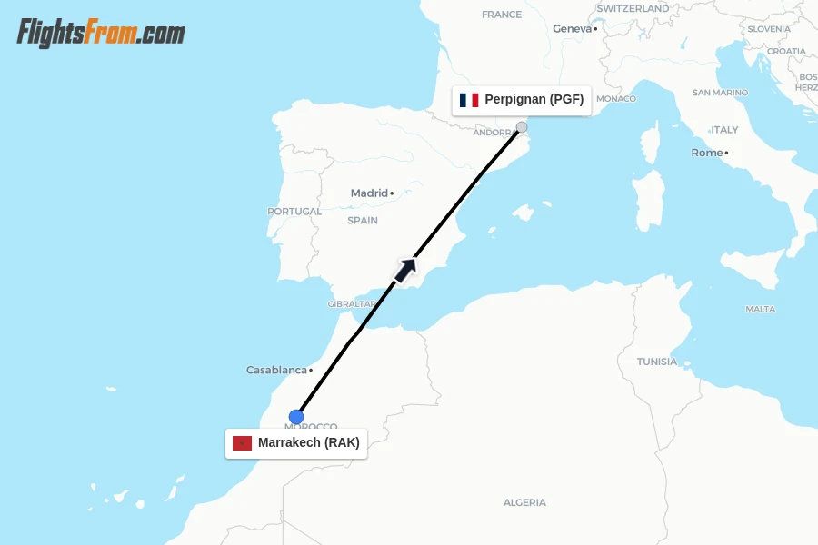 Flights from Marrakech to Perpignan route map