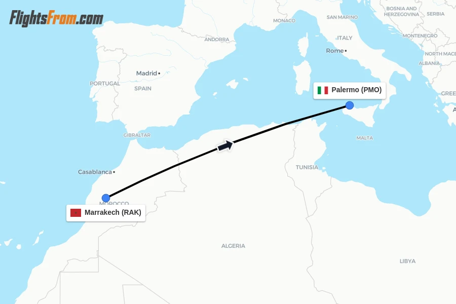 Flights from Marrakech to Palermo route map