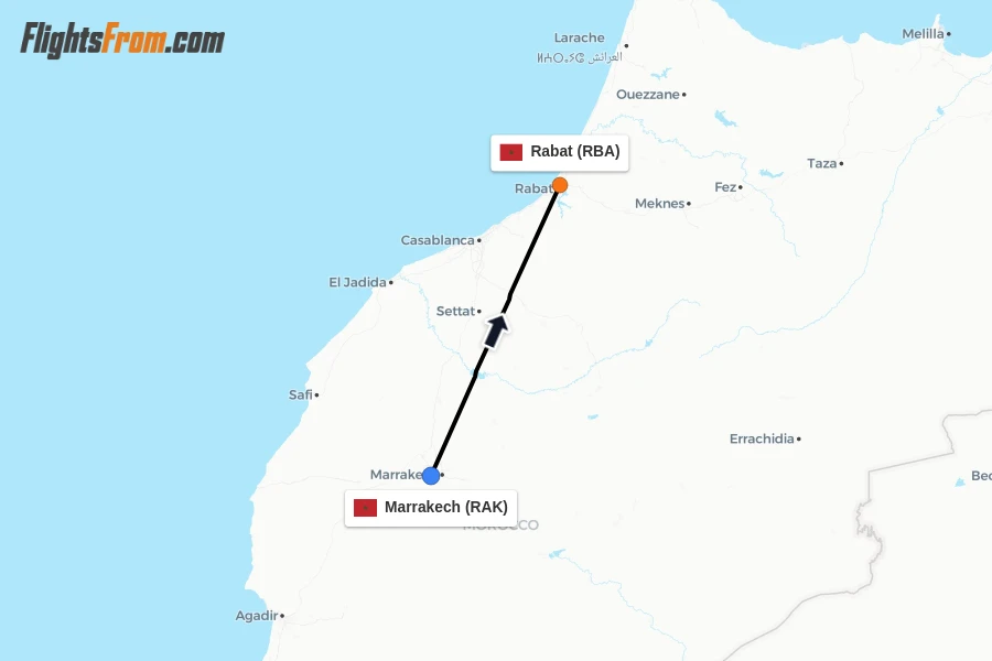 Flights from Marrakech to Rabat route map