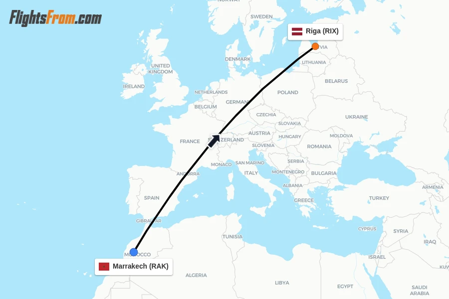 Flights from Marrakech to Riga route map