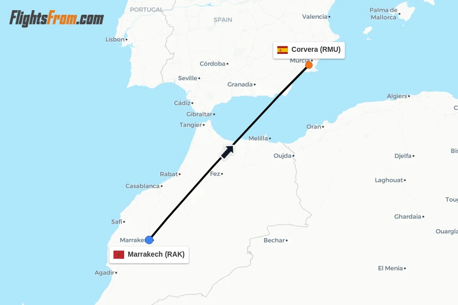 Flights from Marrakech to Corvera route map